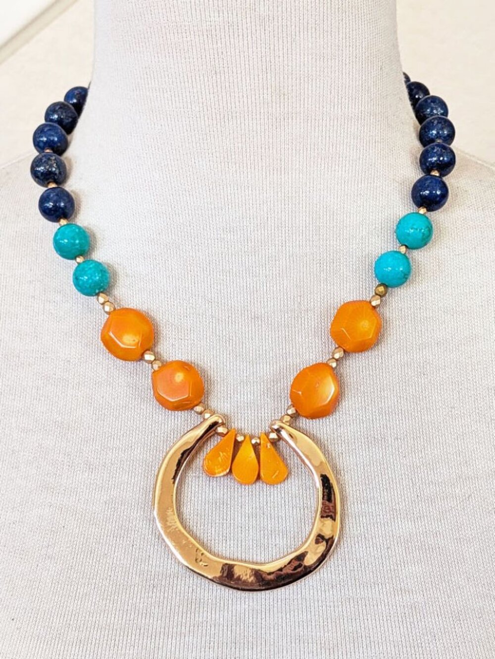 Southwestern Golden Turquoise, Orange Coral, Navy Blue Lapis Statement Necklace